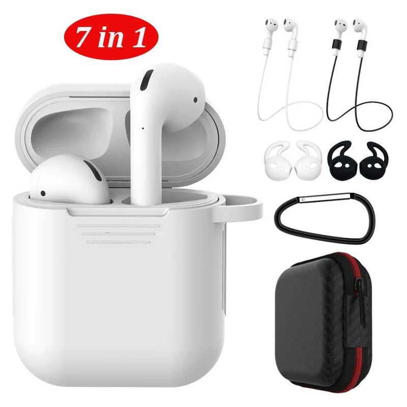 Белый 7 в 1 защитный силиконовый чехол для Apple Airpods 2 Чехол для зарядки с брелоком/ушками-крючками/штапами/коробкой для переноски - Цвет: Белый