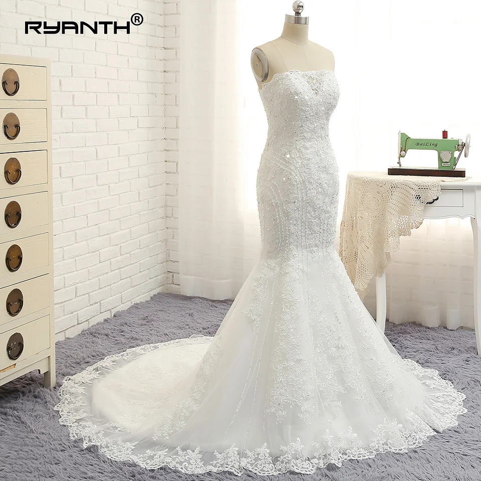

Robe De Mariage Sparkly Lace Mermaid Wedding Dress 2019 New Arrival Lace Up Back Strapless Wedding Gowns Custom Made Bridal Gown