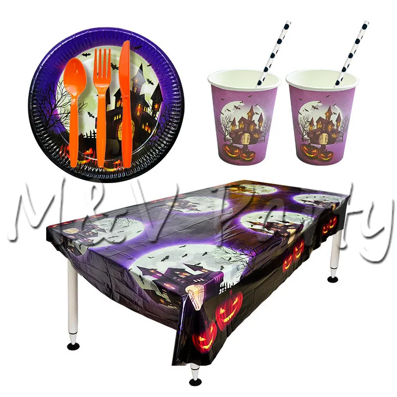 61pcs/lot Castle Print Halloween Theme Party Tablewear Set Disposable Straws Cup Tablecloth Supplies Decorations | Дом и сад