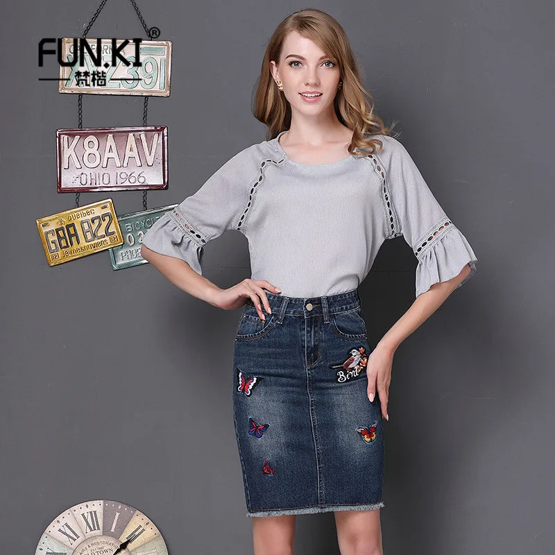FUNKI Лето Вышивка Бабочка джинсовая юбка женская обувь на застежке молнии Мода Line