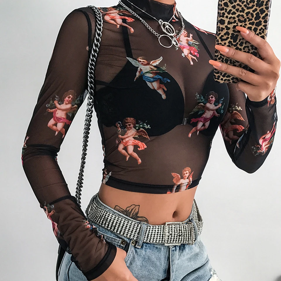 See Through Clubwear Transparent Turtleneck Shirt Vetement Femme 2019 Long Sleeve Sheer Mesh Crop Top T Angel Print Women | Женская
