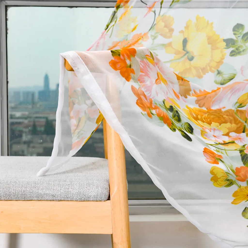 2pcs Peony Flower Print Curtain Tulle Window Treatment Drape Valance Simple Curtain Wear Rod Model 100x200cm L703