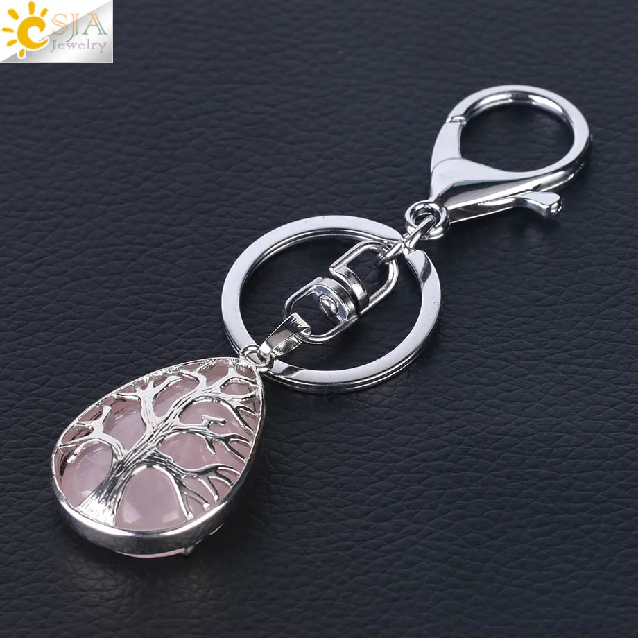 Rose Quartz CSJA модные капли воды брелки для ключей брелок для ключей рейки натуральный драгоценный камень Дерево жизни кулон для автомобиля мотоцикл сумка F400 - Цвет: Rose Quartz