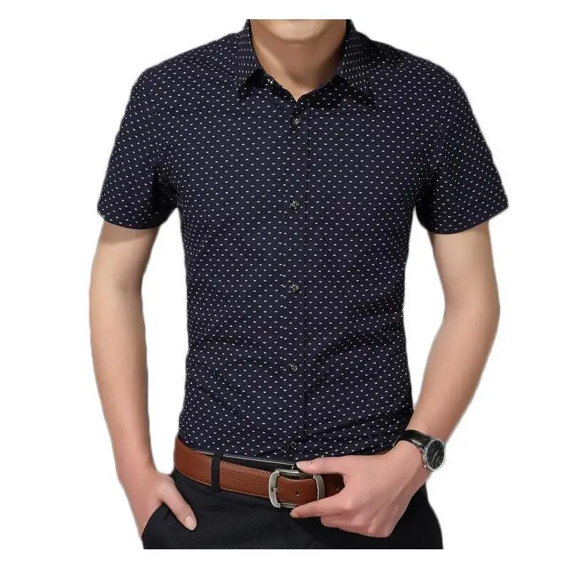 Dark blue Мужская рубашка, новая мода, хлопок, мужская рубашка с коротким рукавом, мужская повседневная рубашка в горошек размера плюс 5XL - Цвет: Dark blue