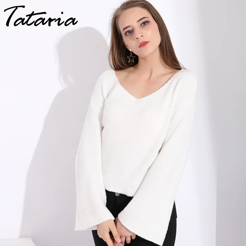 Tataria Women's Knitted Sweater Female Flare Sleeve Women Sweaters And Pullovers Mohair Fashion Cropped White For | Женская одежда