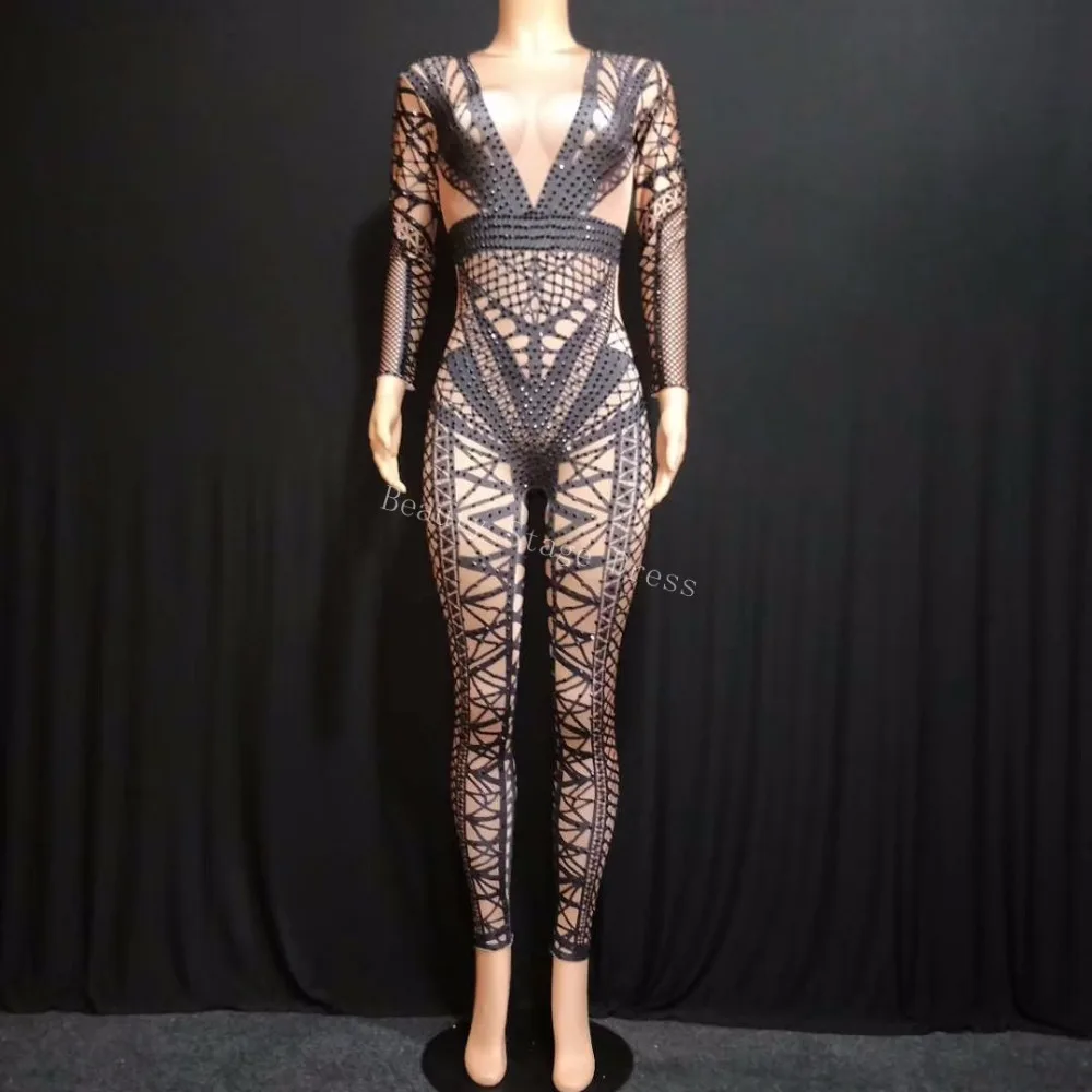 Women's Fashion Black Jumpsuit Costume One-piece Nightclub Dance Bandage Printed Outfit Party Stage Celebrate Wear