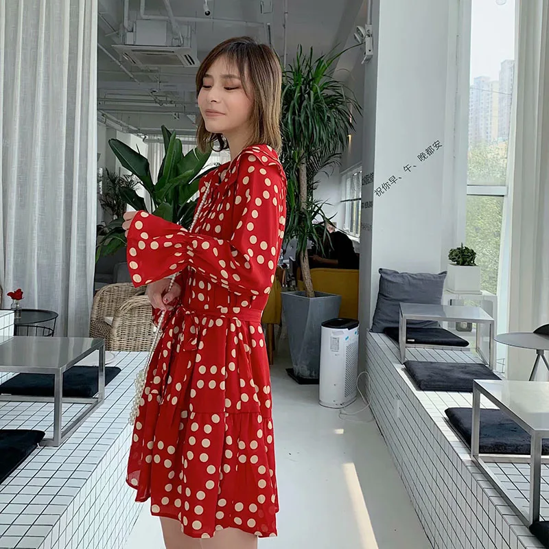 Женское шифоновое платье в горошек с длинным рукавом плиссированное винтажном