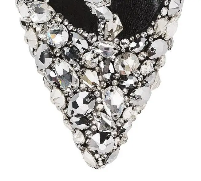 

Black Crystal Embellished Wedding Shoes Bride Pointed Toe Stiletto High Heel Sandals T-bar Strap Cover Heel Buckle Strap Pumps