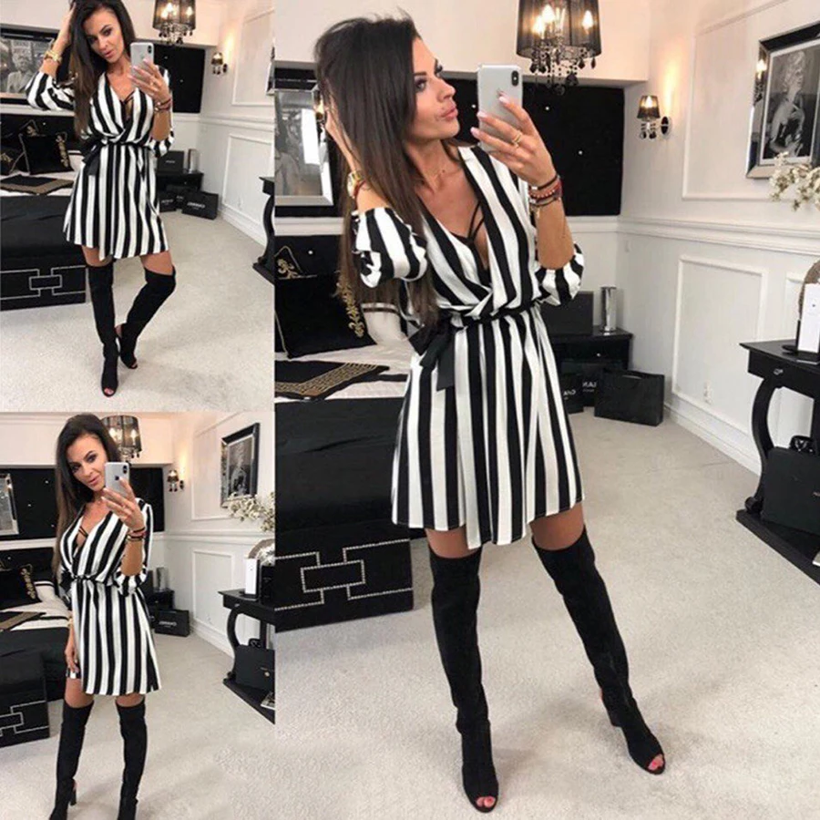 Сексуальное женское Полосатое платье с v-образным вырезом 2018 Новое модное летнее