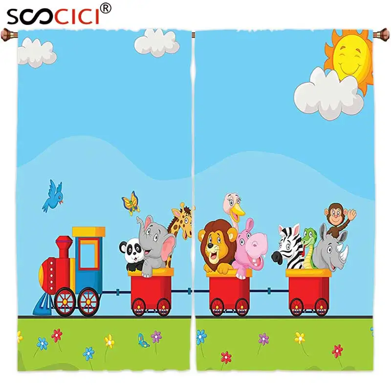 Занавески на окно 2 панели мультяшный декор мультяшное животное поезде день