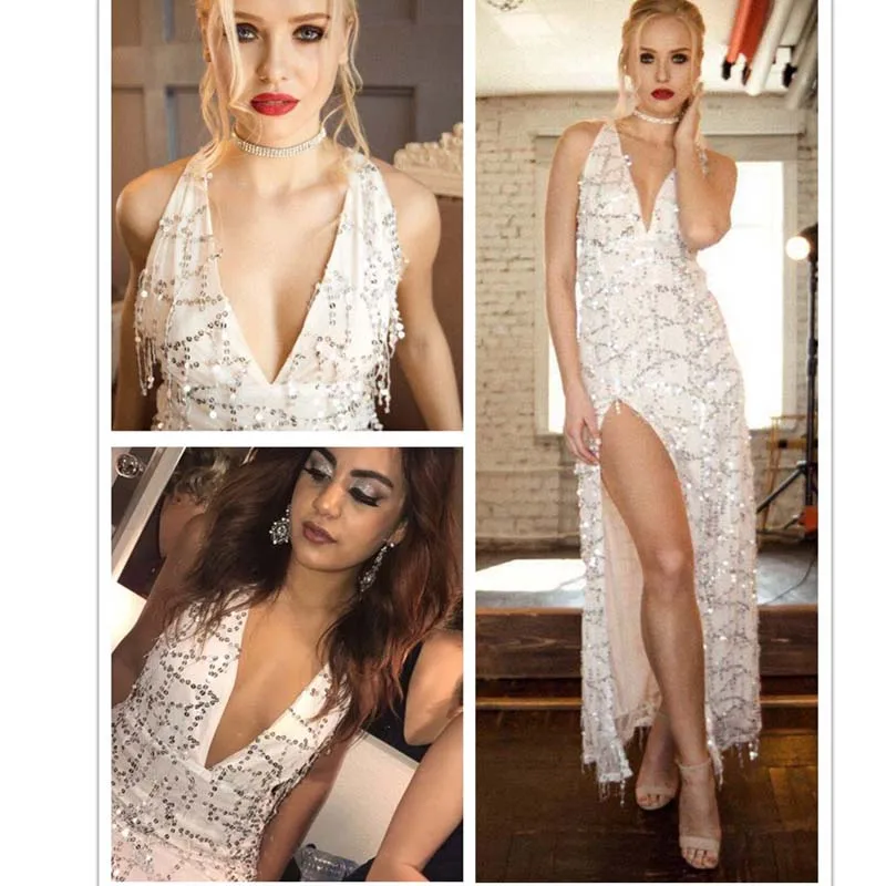 NATTEMAID Fashion Style Women Maxi Dress Sexy Elegant Long Party Dresses Deep V neck Floor Length Gold Sequined Tassels Vestidos