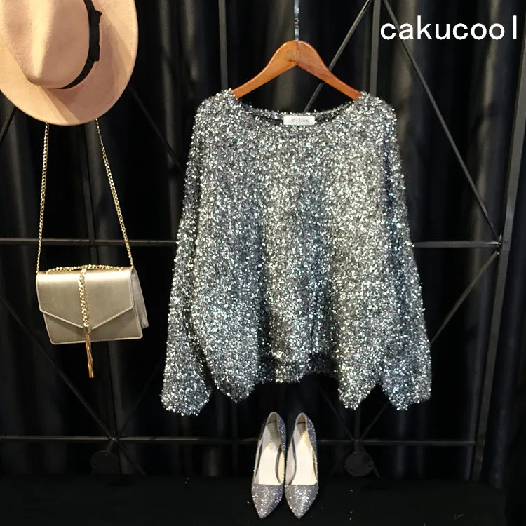 Cakucool Новый Серебряный свитер из люрекса Для женщин с круглым вырезом Джемперы