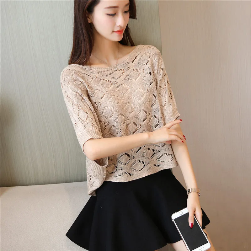 Thin Summer Women Pullover Short Sleeve Hollow Out Crochet Sweater Loose Ladies Jumper Tops Knit Causal Round Neck Top | Женская одежда