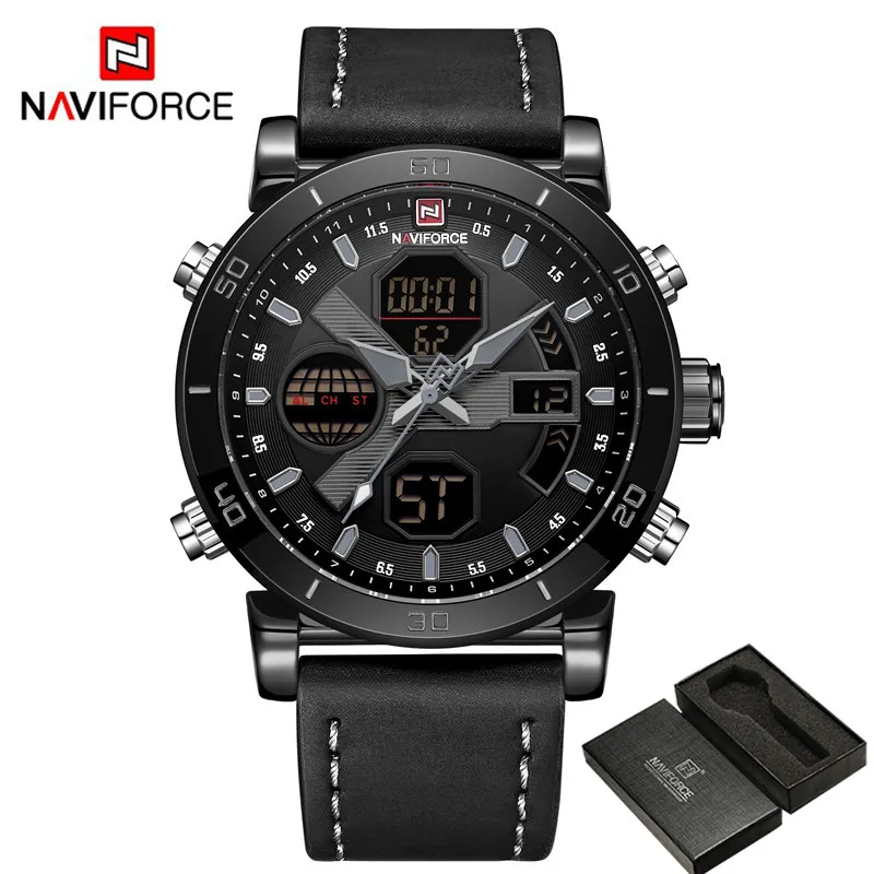 NAVIFORCE Роскошные Брендовые мужские Аналоговые Цифровые кожаные спортивные часы