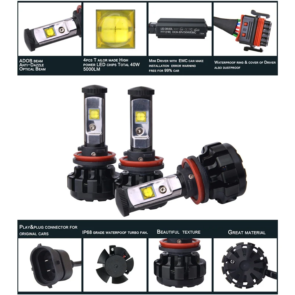 Mdatt 2 шт. мини H4 H7 6000K LED 10000LM 100 Вт/комплект H1 лампа HB3 xhp50 для автомобильных фар 9005