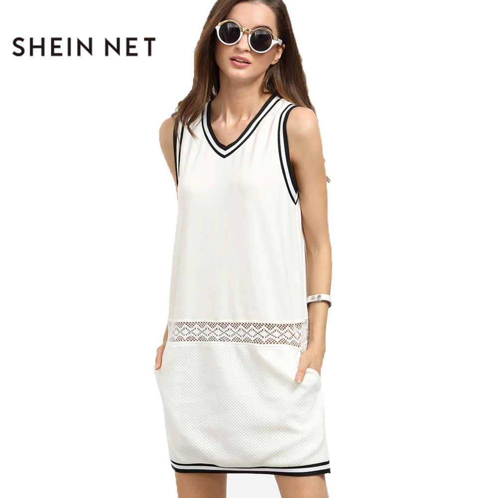SHEINNET Осень Новые Моды для Женщин Dress Белый Черный Stripes Cut Out Cold Shoulder V Шеи Карманы Mini