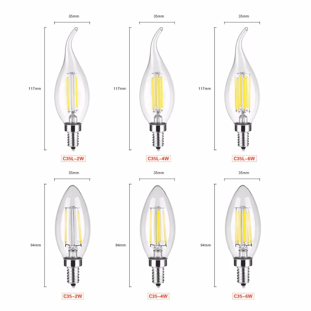 6 шт./лот E14 Светодиодный светильник в форме свечи W 4W 6W 110V 220V Edison накаливания