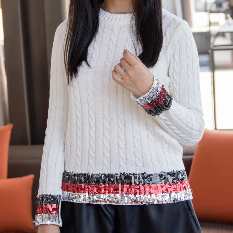 2019 Winter Runway White Knitted Sweaters and Pullovers Women Striped Sequin Sweet Female Ladies korean Jumper Tops Clothing | Женская