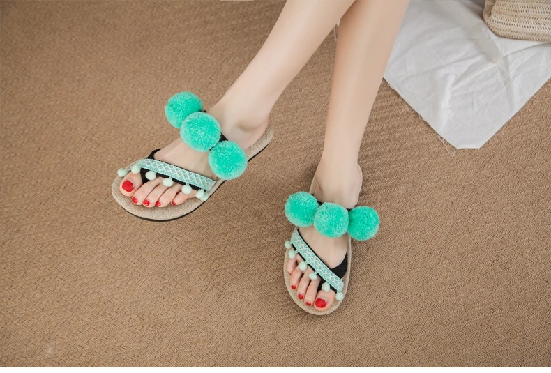 Женские сандалии с помпонами; Boho Hemp Espadrilles; пляжные шлепанцы; Летние праздничные Вьетнамки; Размеры 35-44