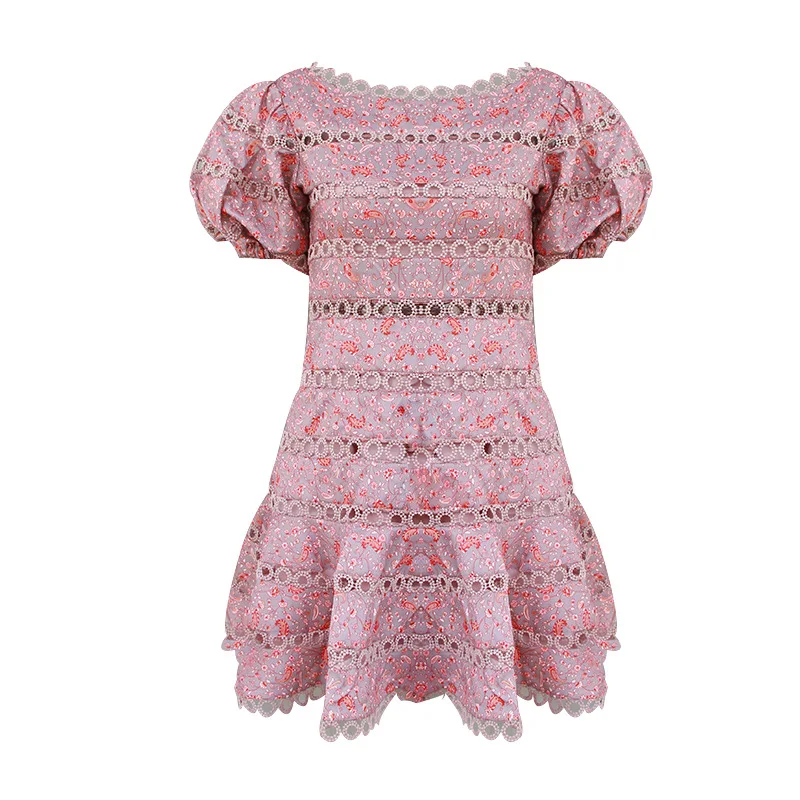 2019 Лето Новая мода пышные рукава полые вышивка шить праздничное платье печать