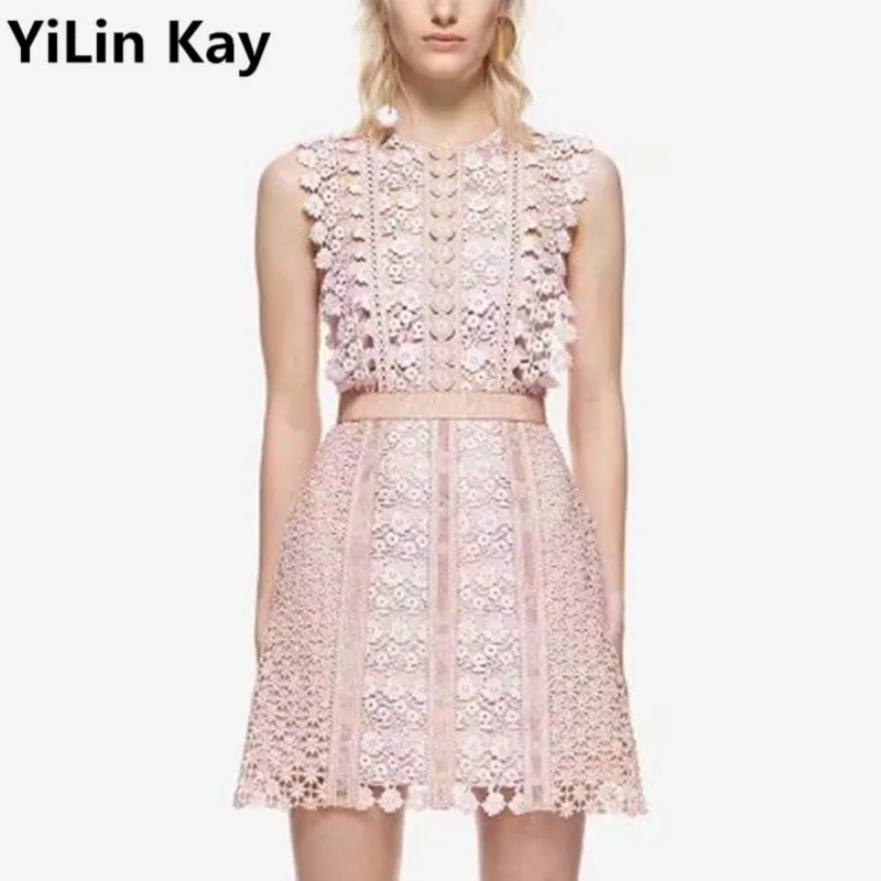 Женское кружевное платье yilin kay розовое мини без рукавов на лето 2019|lace dress|fashion women