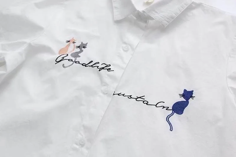 VOGUEIN Новая женская летняя полосатая блузка с коротким рукавом и вышивкой кота