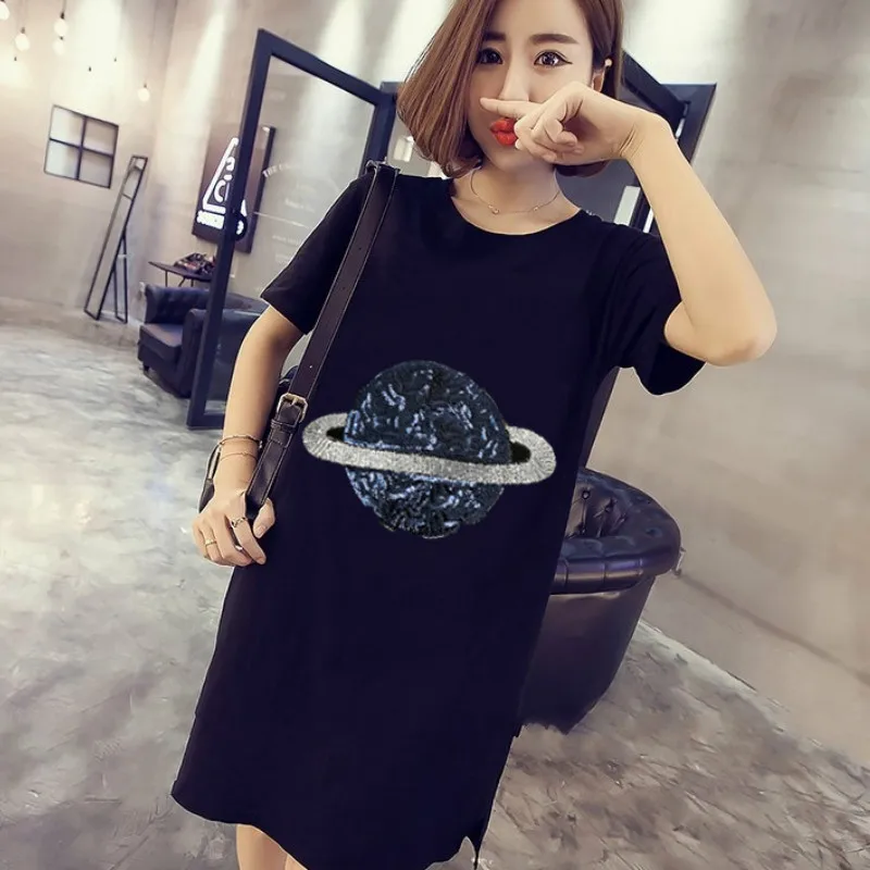 Summer Planet Sequined Embroidered T-shirts Large Size Women's Long Beading Shirts Dress Casual Tees O-Neck Loose Tops | Женская
