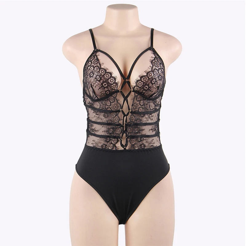 black teddy lingerie Белое Кружевное боди, Encaje Mujer, прозрачное, с вырезом, цельное, эротическое, боди, нижнее белье, Тедди, сексуальная одежда, M 5XL 3XL R80821 - Цвет: black teddy lingerie