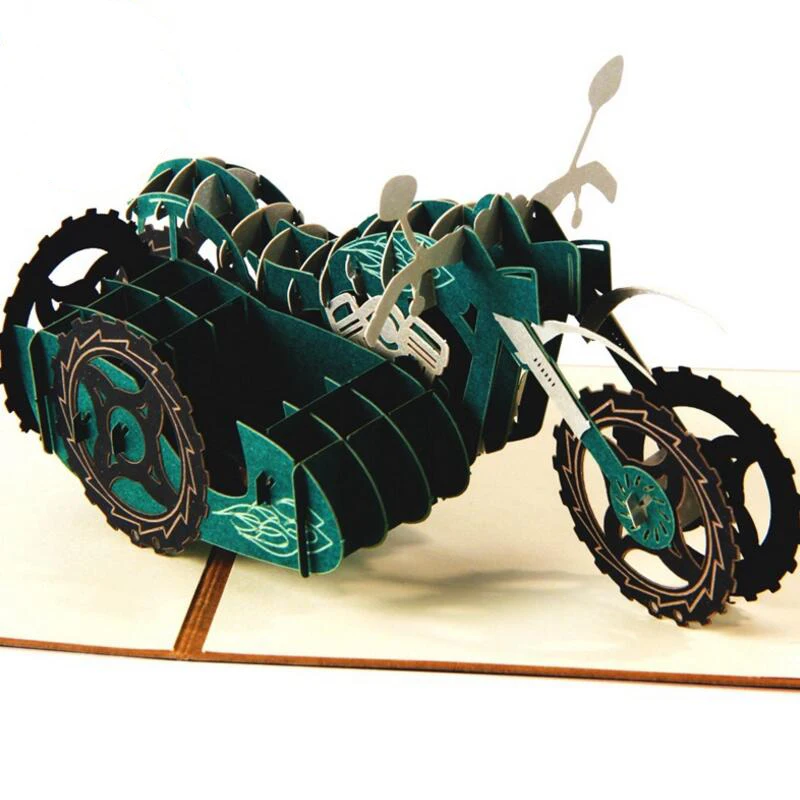 

Creative 3D Handmade Craft Three Wheeled Motorcycle Birthday Greeting Card Paper-cut Carved Gift Card 3pcs/lot