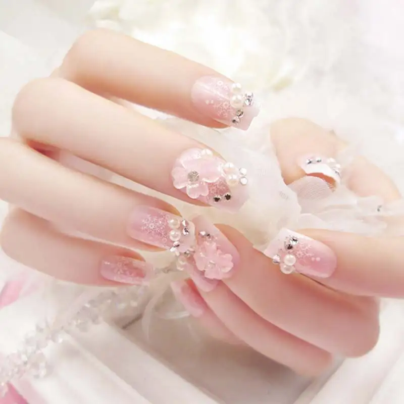 24 Pcs/Set 3D Fake Nails With Glue Wedding Bride Full Nail Tips Middle-Long Cute French False CD88 | Красота и здоровье