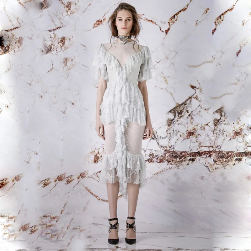 Лето Boho женское платье пикантные однотонные See Through оборками Кружевное миди 2017