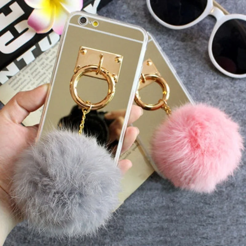 Mirror Case For Huawei P20 P10 P8 Lite P9 P9Plus Soft Plush Real Rabbit fur pompom Fluffy Gold case TPU Nova 3E |