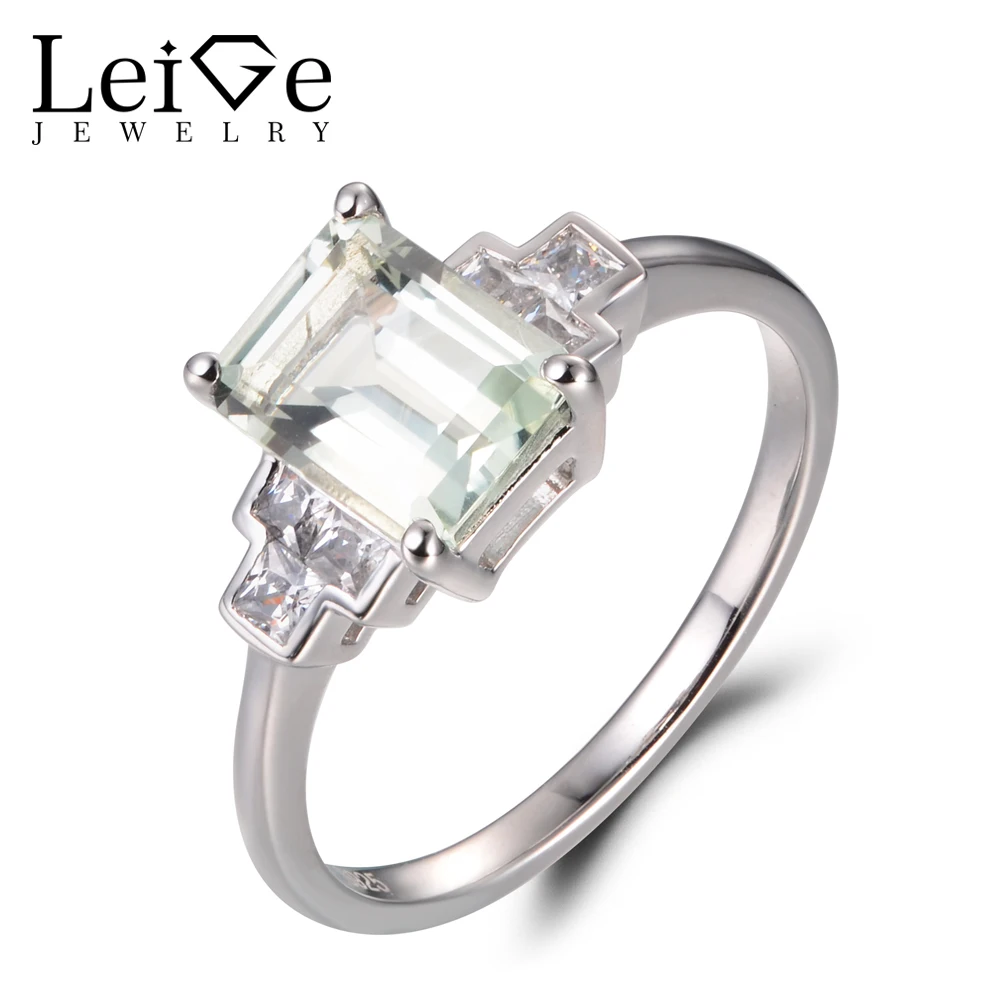 

Leige Jewelry Natural Green Amethyst Rings Proposal Rings Emerald Cut Green Gems Solid 925 Sterling Silver Bezel Setting Rings