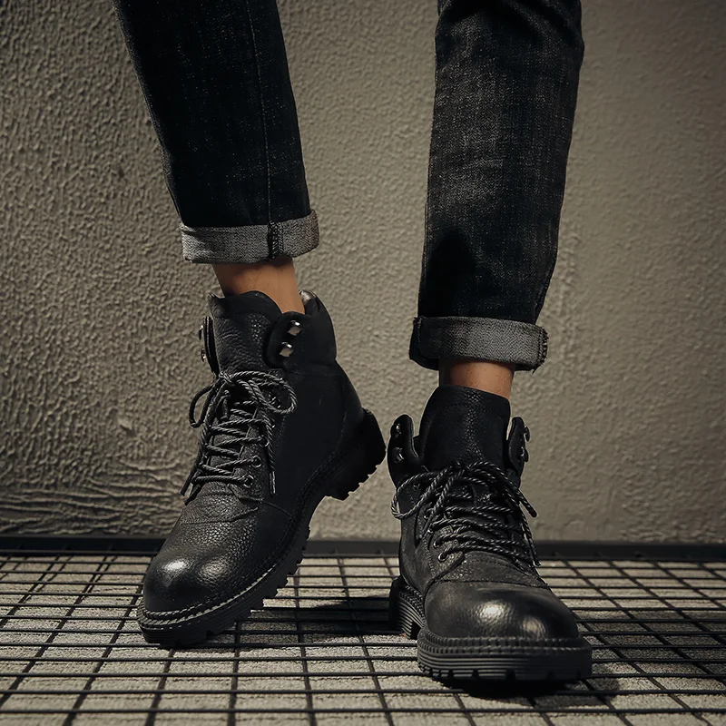 Ботинки мужские из натуральной кожи теплые байкерские ботинки ручная работа