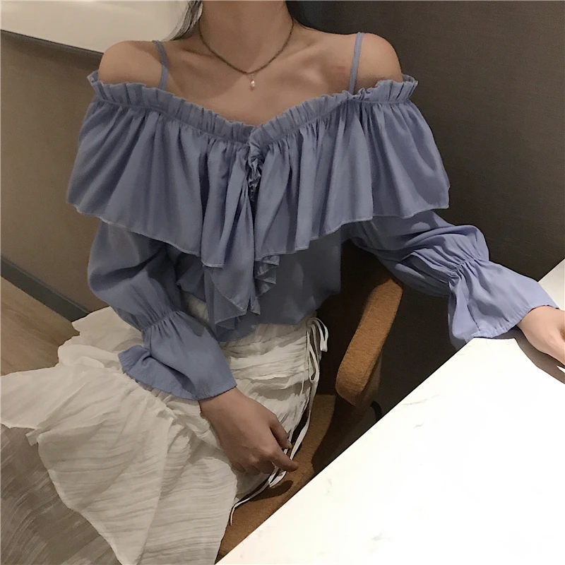

Women's Clothing Vintage Ruffles blouses spaghetti strap Slash Neck Flare Sleeve loose chiffon women Shirts ulzzang New Spring
