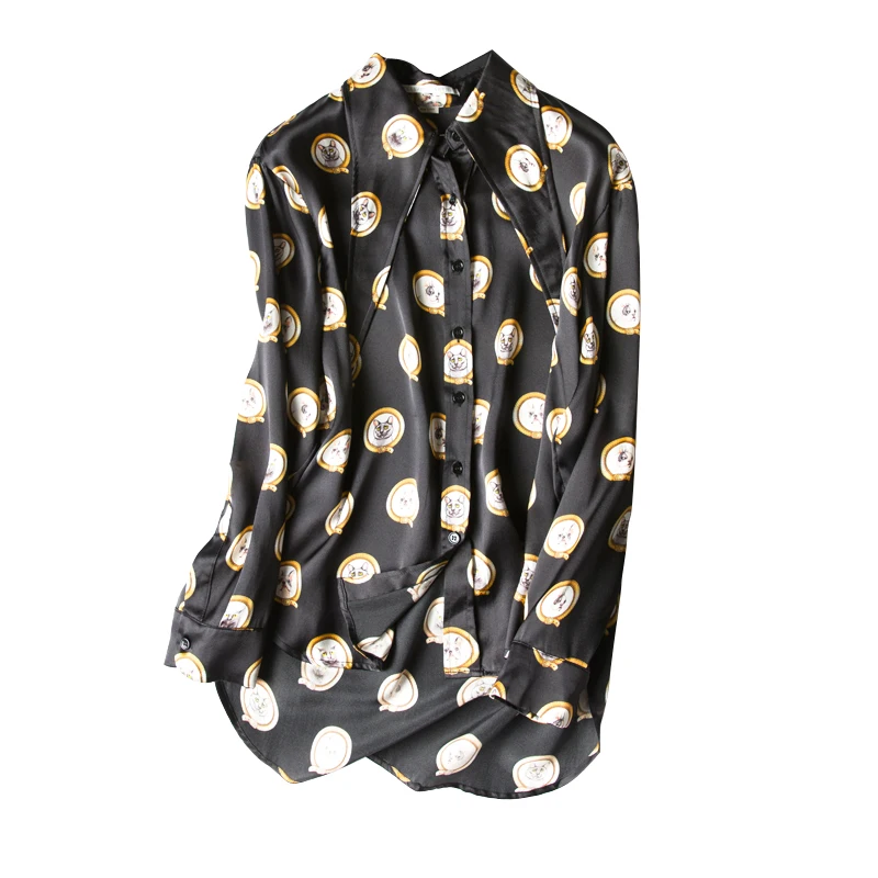 100% натуральный шелк блузки кошка принт длинный рукав Блузка Топы Для Женская