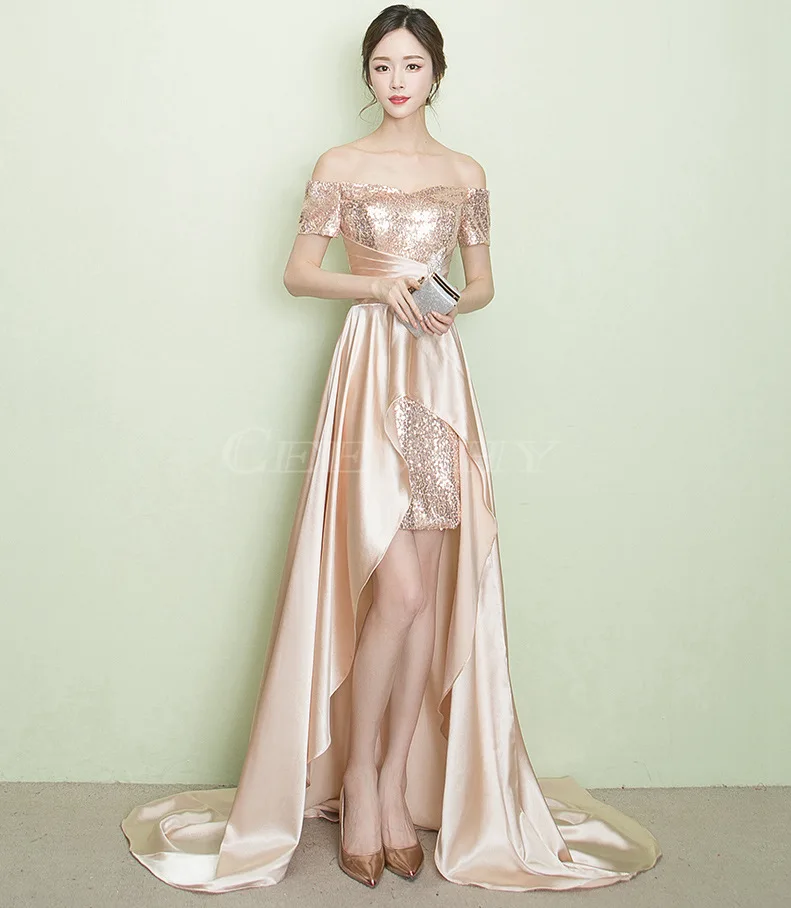 champagne short slee CEEWHY/Вечерние платья с блестками и кристаллами; Abendkleider Vestido de Noiva; асимметричные вечерние платья со шлейфом - Цвет: champagne short slee