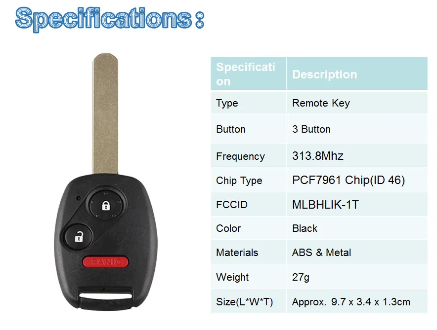 BHKEY дистанционный ключ для Honda MLBHLIK-1T 313,8 МГц ID46/PCF7961 чип для Honda Accord Element CR-V HR-V Fit City Jazz Odyssey