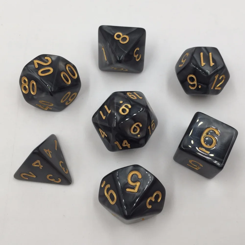 

(7 pieces/set) Rollooo Dice Black with Golden Numbers Pearl Effect RPG Dice