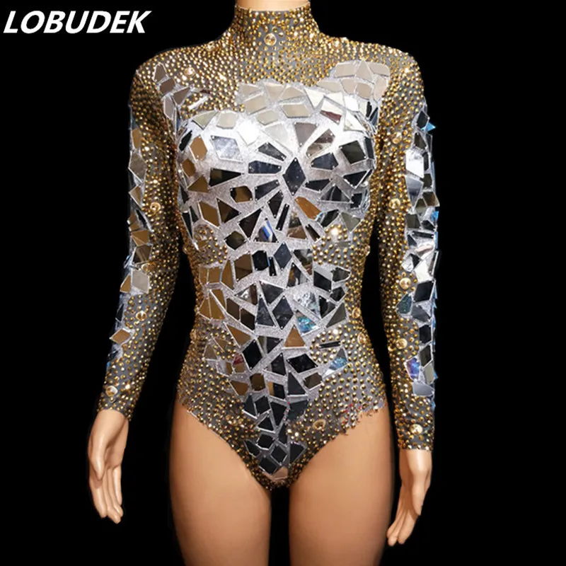 Gold Rhinestones Flashing Mirrors Bodysuit Luxury Stage Wear Women Dance Team Jazz Performance Costume Sexy Nightclub Stage Wear