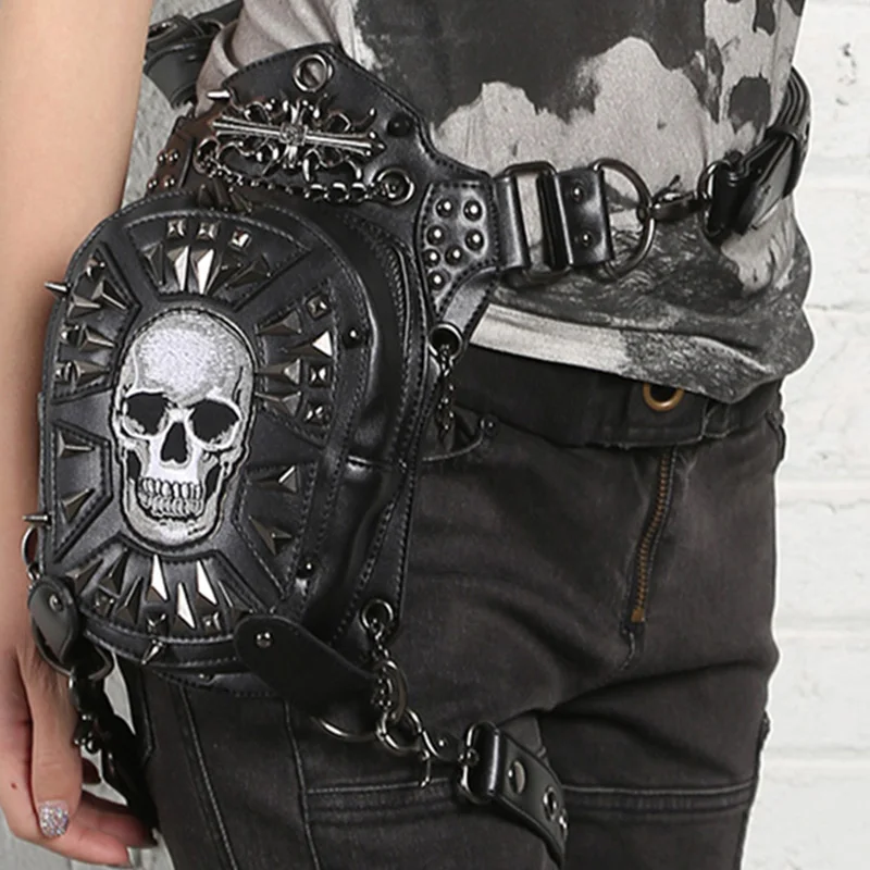 Кожаная сумка мессенджер в стиле панк с рисунком головы и черепа|cross body fanny pack|hip