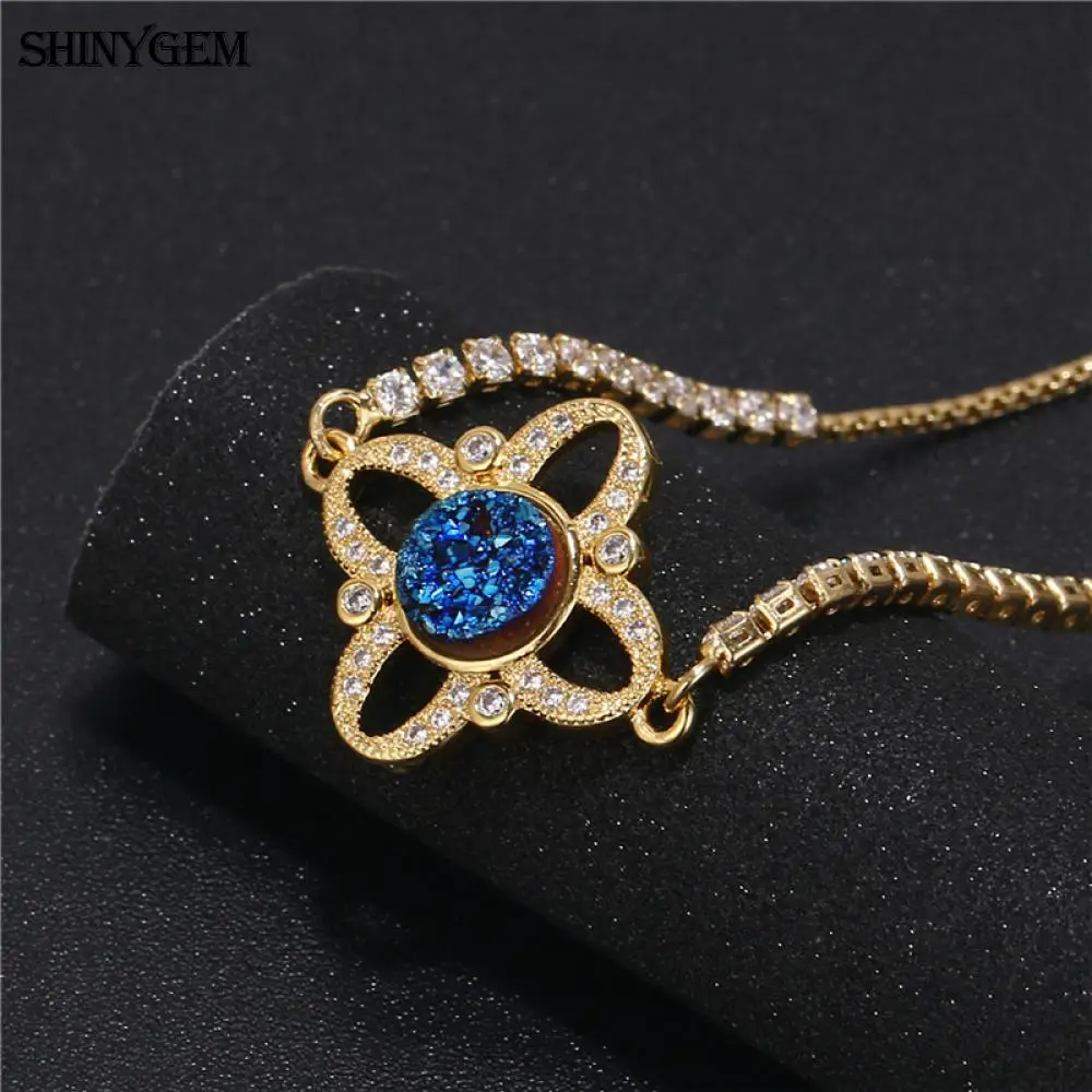 ShinyGem кристалл клевер браслет натуральный круглый Друза камень Регулируемая