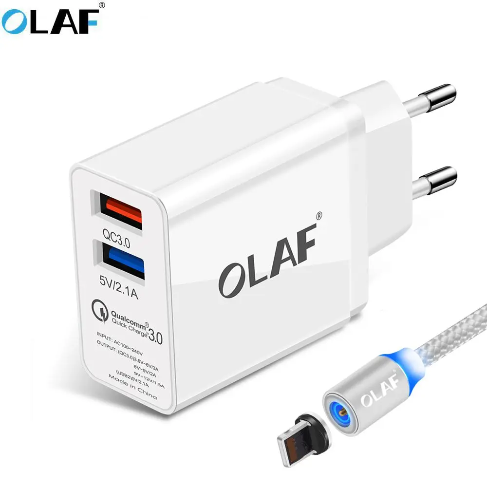 Add Silver Micro Зарядное устройство OLAF с двумя портами USB, 30 Вт, быстрая зарядка 3,0, зарядное устройство для мобильного телефона, для путешествий, штепсельная вилка европейского стандарта, настенный адаптер, магнитный кабель Micro USB - Тип штекера: Add Silver Micro