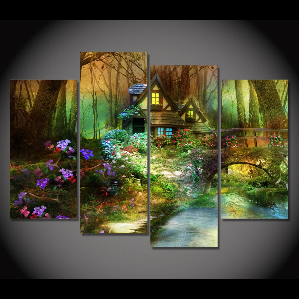 

Printed dnature flowers forest trees house bridge Painting on canvas room decoration print poster picture canvas framed/ny-6370