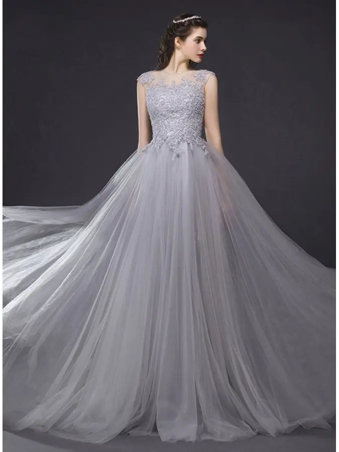 

Sheer Neck Appliques Beading Long Evening Dress 2024 Gray Illusion Long Prom Formal Party Gown Robe De Soiree