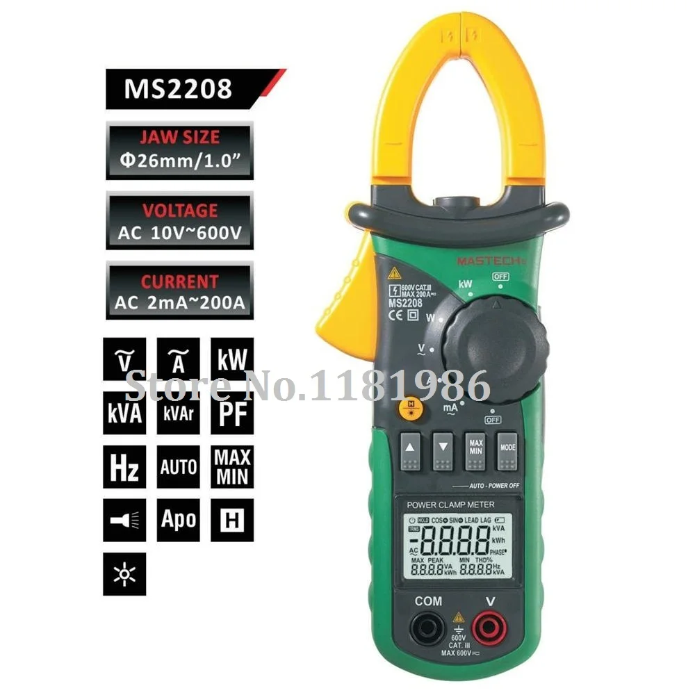 

Токоизмерительные клещи MASTECH MS2208, ваттметр, TRMS, кВА, Квар, ПФ, переменного напряжения, тока, мощности, фазового угла, измеритель энергии