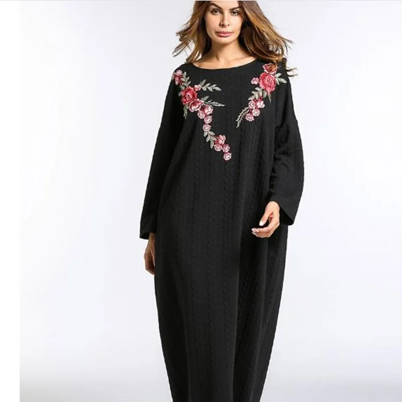Женское зимнее платье с вышивкой Abaya утепленное трикотажное хлопковое длинное