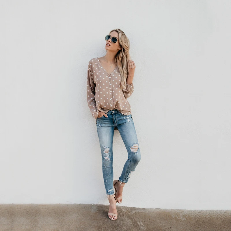 2019 New Women's Shirt T-shirt Printing Dot Long Elegant Women High Street Sleeve V-neck Fashion T-shirts Summer | Женская одежда