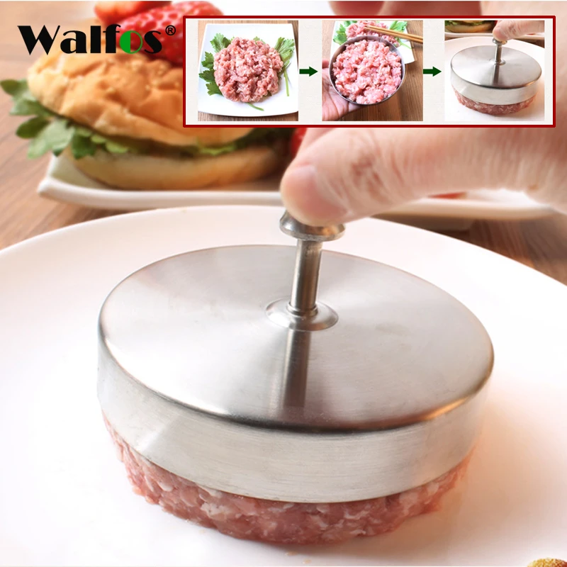 WALFOS 1 قطعة 9.5 سنتيمتر شكل دائري همبرغر وعاء ضغط من الستانليس ستيل لحم الخنزير لحوم البقر فطيرة برغر صنع قالب أدوات مطبخ
