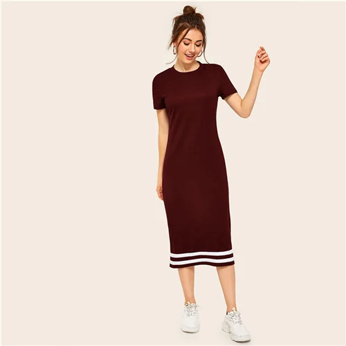 Maroon SweatyRocks контрастная полосатая футболка миди платье женское облегающее стрейчевое платье повседневное женское летнее прямое платье - Цвет: Maroon